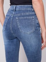 Curved Fray Hem 5 Pocket Stretch Jeans Medium Blue