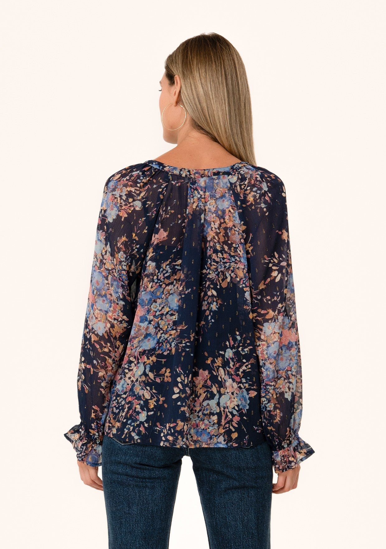 Lurex Floral Button Front Ruffle Sleeve Blouse Navy + Dusty Blue