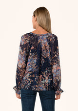 Lurex Floral Button Front Ruffle Sleeve Blouse Navy + Dusty Blue