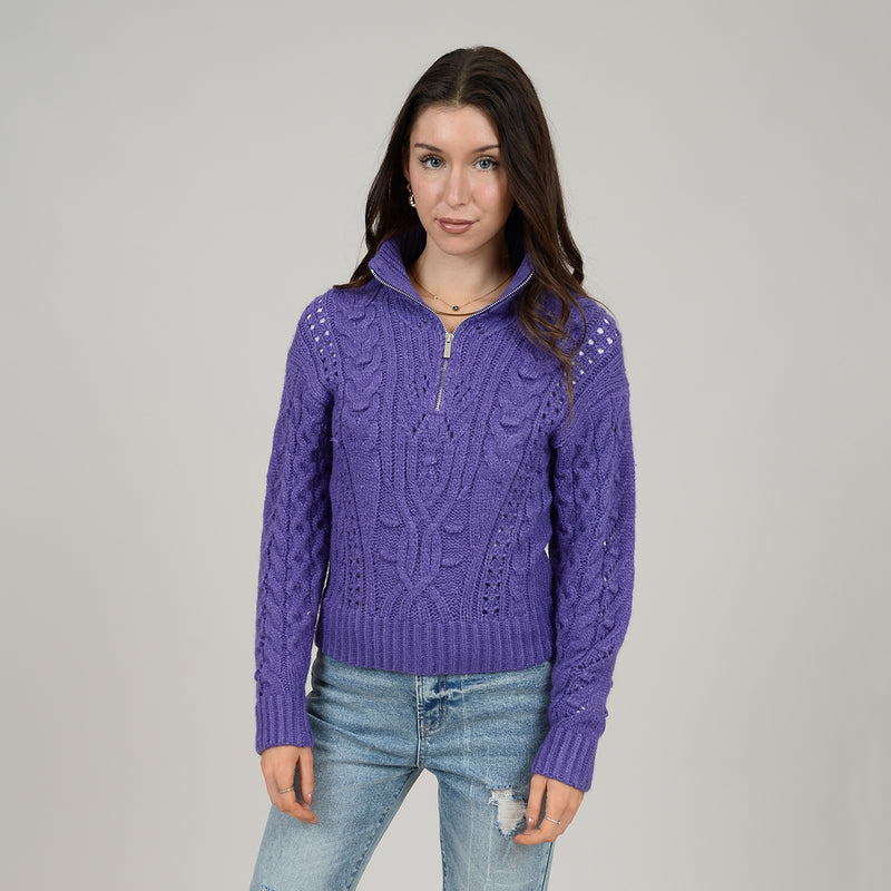 Ayla Cable Knit Zip Mock Neck Pullover Purple