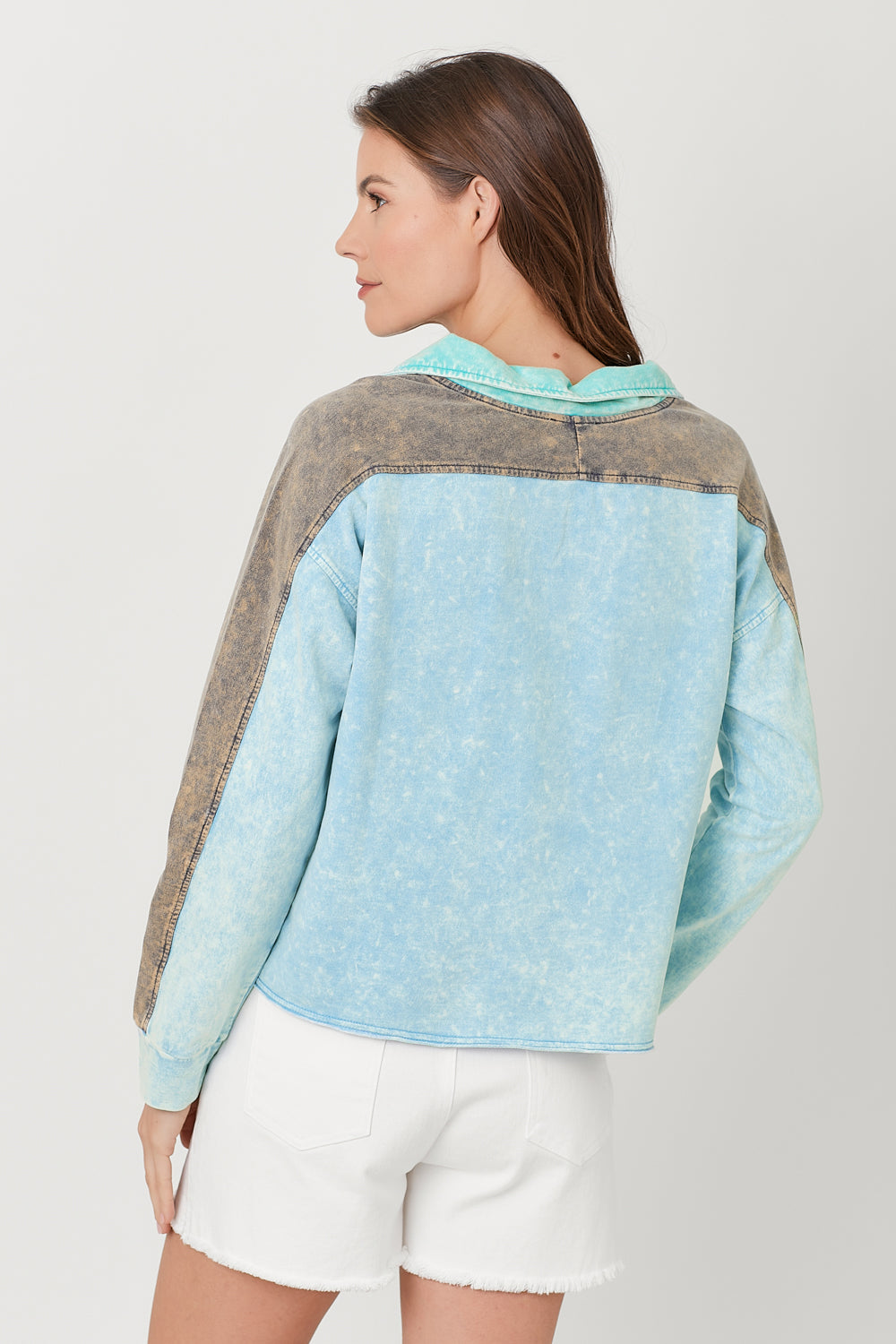 Colorblocked Terry Half Zip Pullover Washed Blue Mix