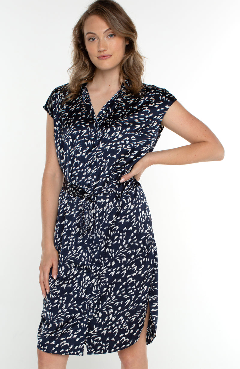 Collared Button Front Belted Print Dress Navy Multi