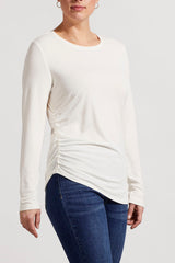 Side Ruche Long Sleeve Crew Neck Shirt Cream