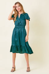 Crushed Satin Double Banded Waist Dress Teal