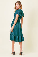 Crushed Satin Double Banded Waist Dress Teal