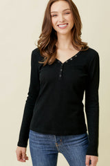 Textured Henley Long Sleeve Top Black