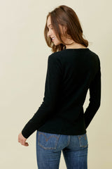 Textured Henley Long Sleeve Top Black