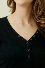 Textured Henley Long Sleeve Top Black