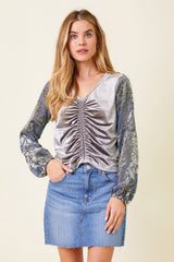 Burnout Sleeve Velvet Ruched Blouse Lilac Grey