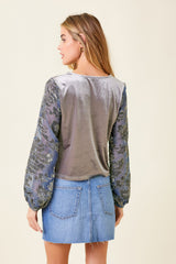 Burnout Sleeve Velvet Ruched Blouse Lilac Grey