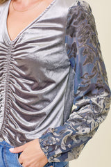 Burnout Sleeve Velvet Ruched Blouse Lilac Grey
