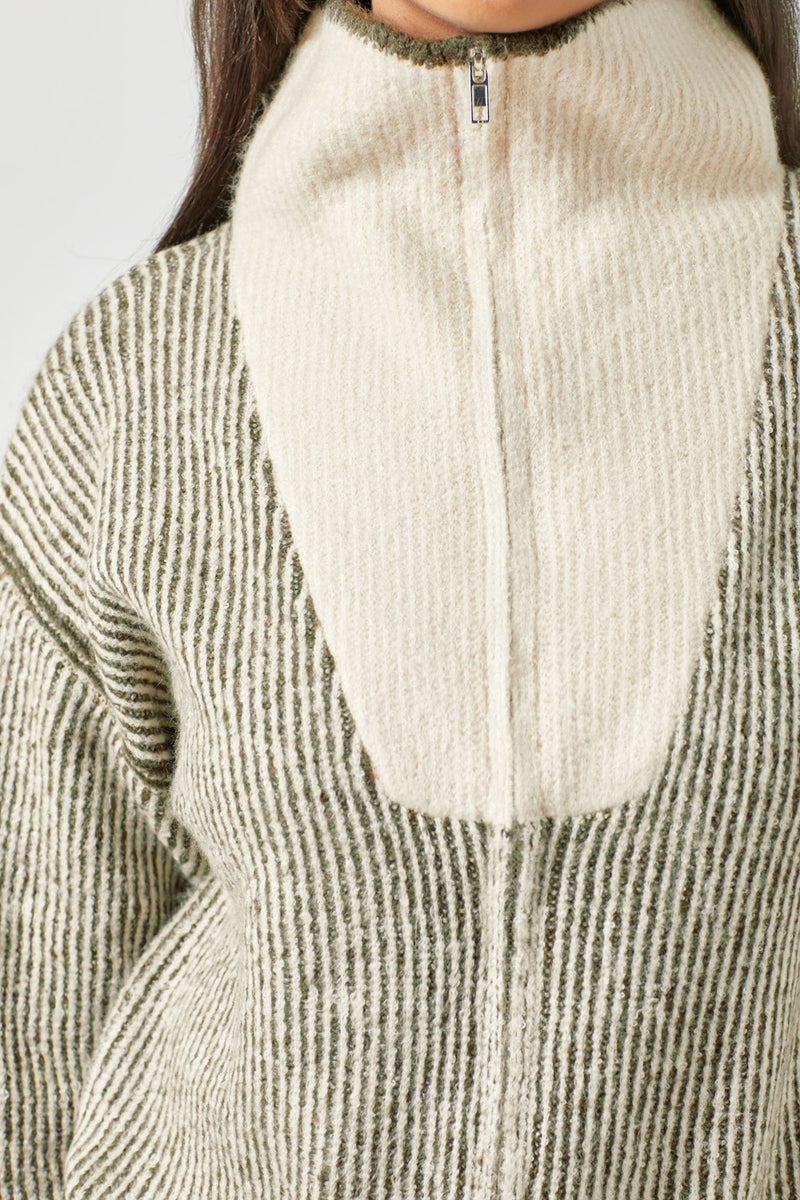 Stripe Ribbed Zip Up Sweater