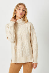 Cable Knit Turtleneck Oversize Sweater Almond