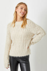 Fuzzy Cable Detail Drop Shoulder Sweater Almond