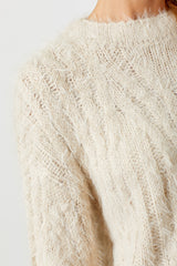 Fuzzy Cable Detail Drop Shoulder Sweater Almond