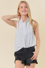 Self Mock Tie Neck Shimmer Sleeveless Blouse Light Grey