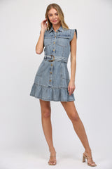 Button Front Belted Washed Denim Flutter Cap Dress Light Denim