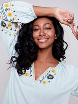 Printed Balloon Sleeve Tencel Blouse Denim