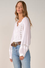 Crochet Piping Tied Vneck Long Sleeve Blouse White