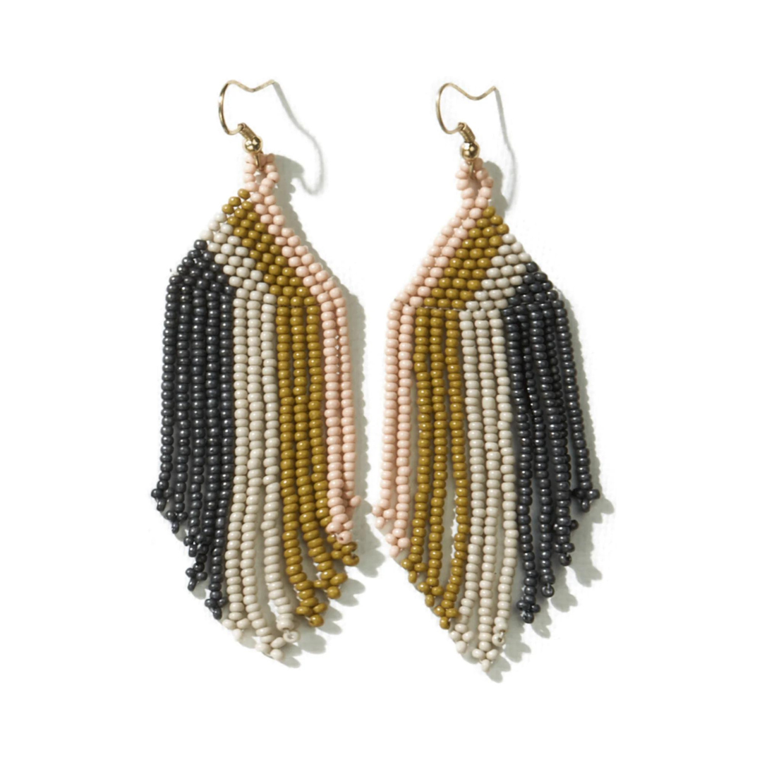 Dolly Vertical Stripe Fringe Beaded Earrings Grey, Pink + Citron