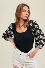 Embroidered Floral Balloon Sleeve Knit Top Black