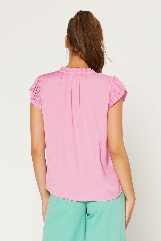Pleated Sleeve Tie Neck Blouse Top