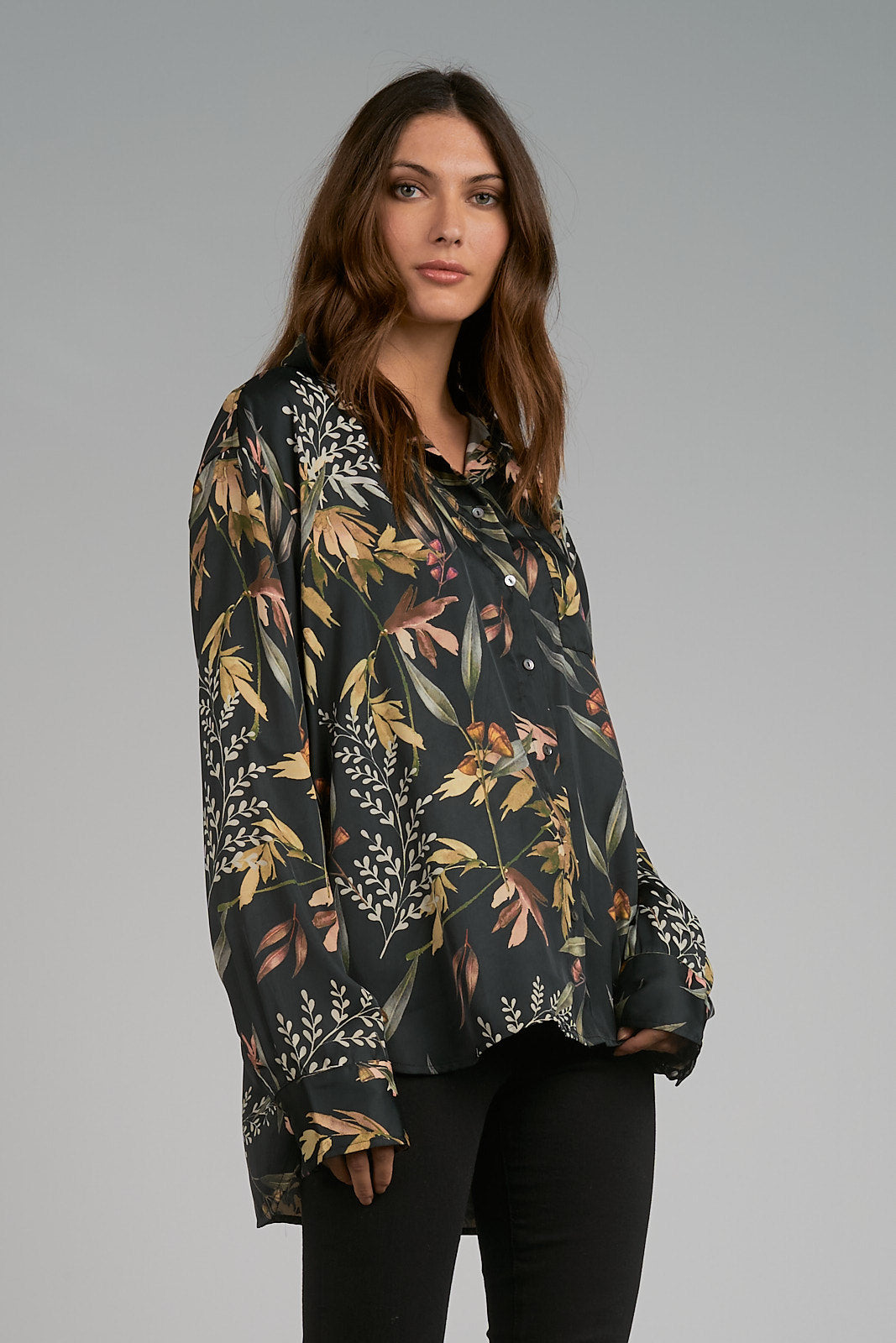 Floral Button Down Collared Shirt Black Olive Leaf