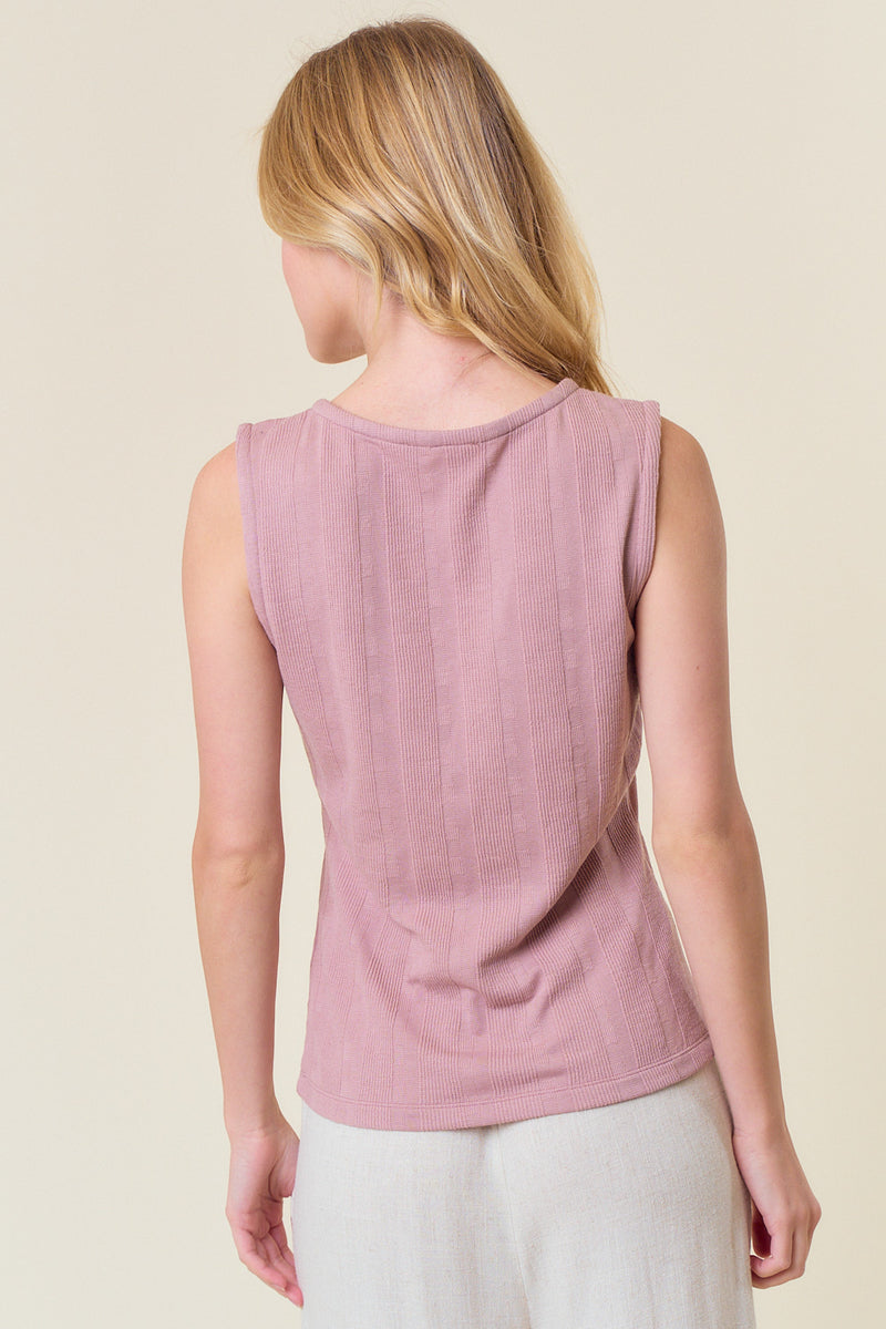 Zip Front Textured Stripes Tank Light Mauve