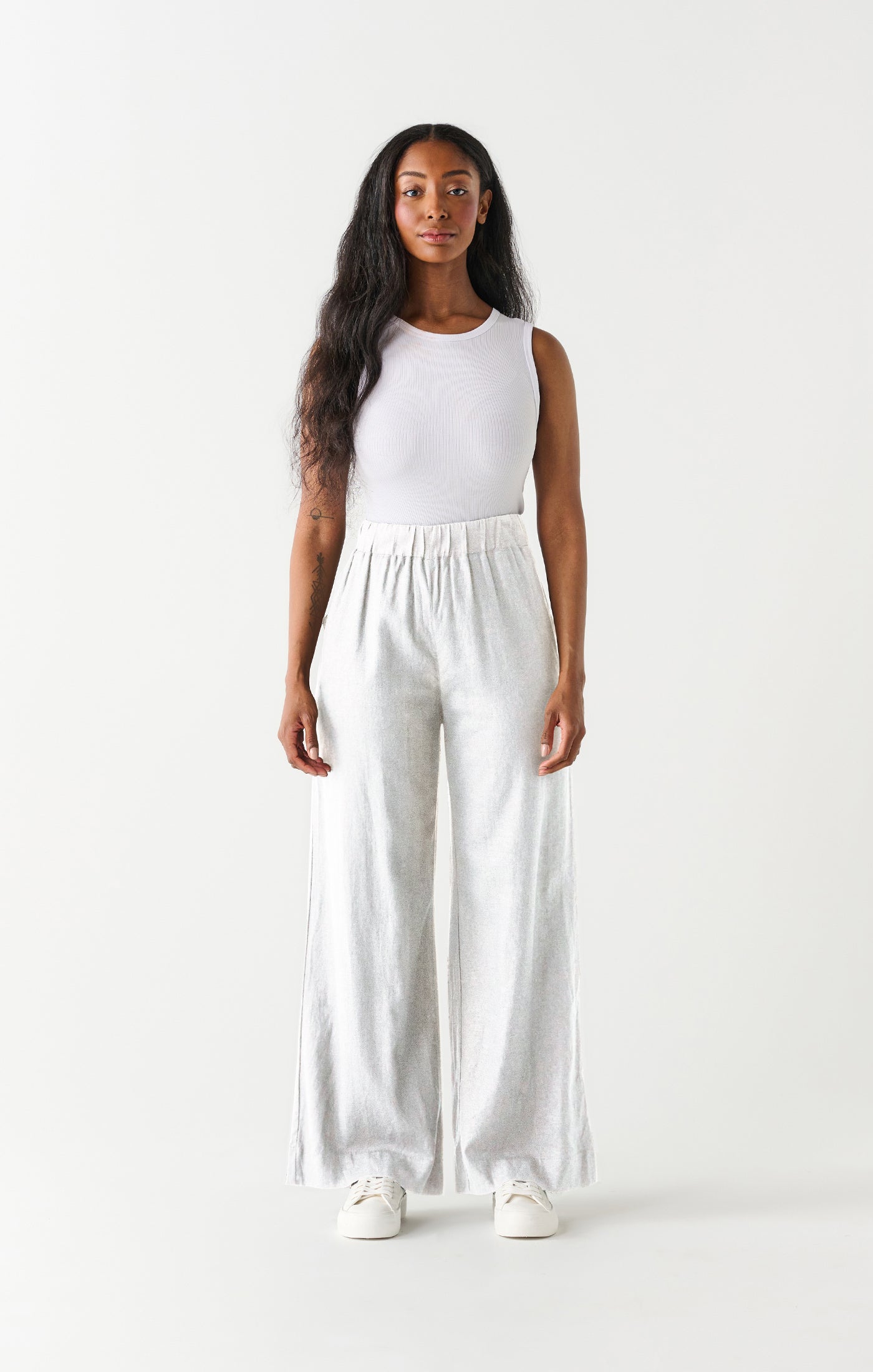 High Waist Elastic Waist Wide Leg Pants White