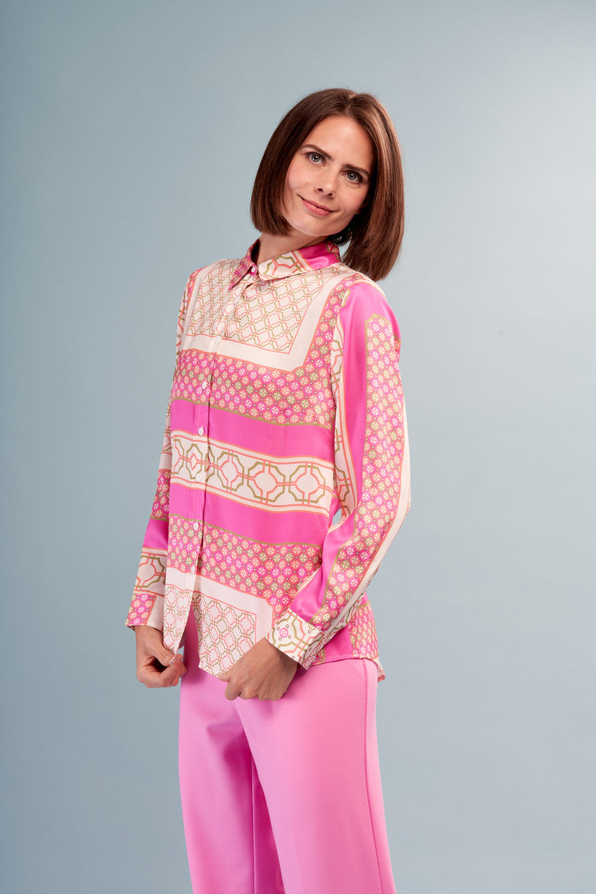 Mix Print Button Down Shirt Pink Patches Of Art