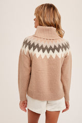 Ribbed Turtleneck Fairisle Pattern Sweater Taupe