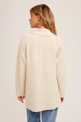 Zip Front Collared Textured Long Cardi Ecru
