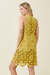 Sleeveless Eyelet Lace Dress Mustard