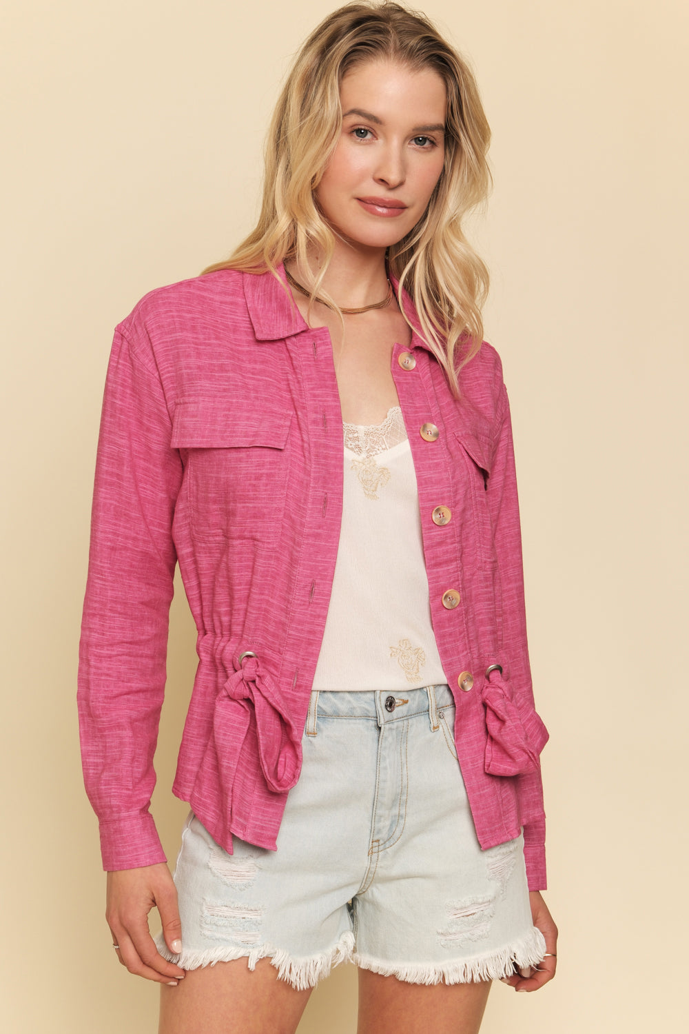 Adjustable Scarf Waist Jacket Berry