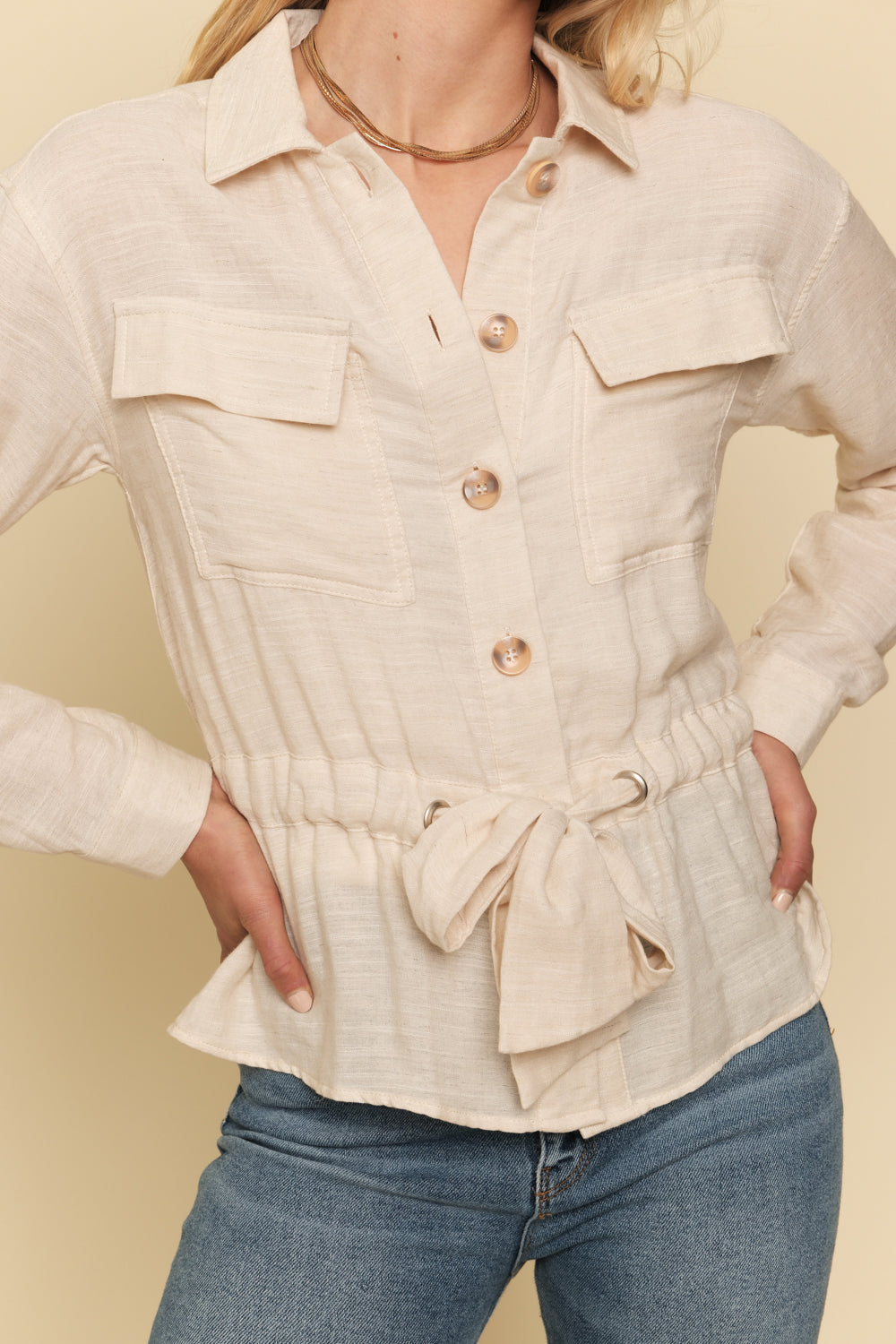 Adjustable Scarf Waist Jacket Oatmeal
