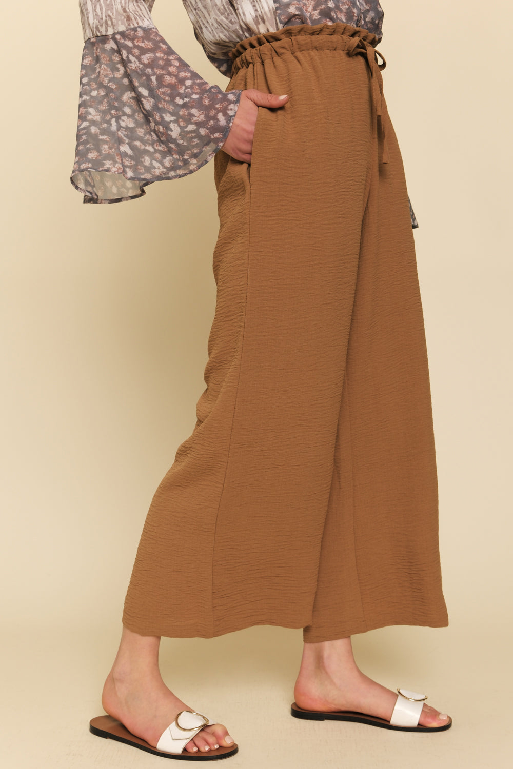 Paperbag Tie Waist Wide Leg Pants Brown