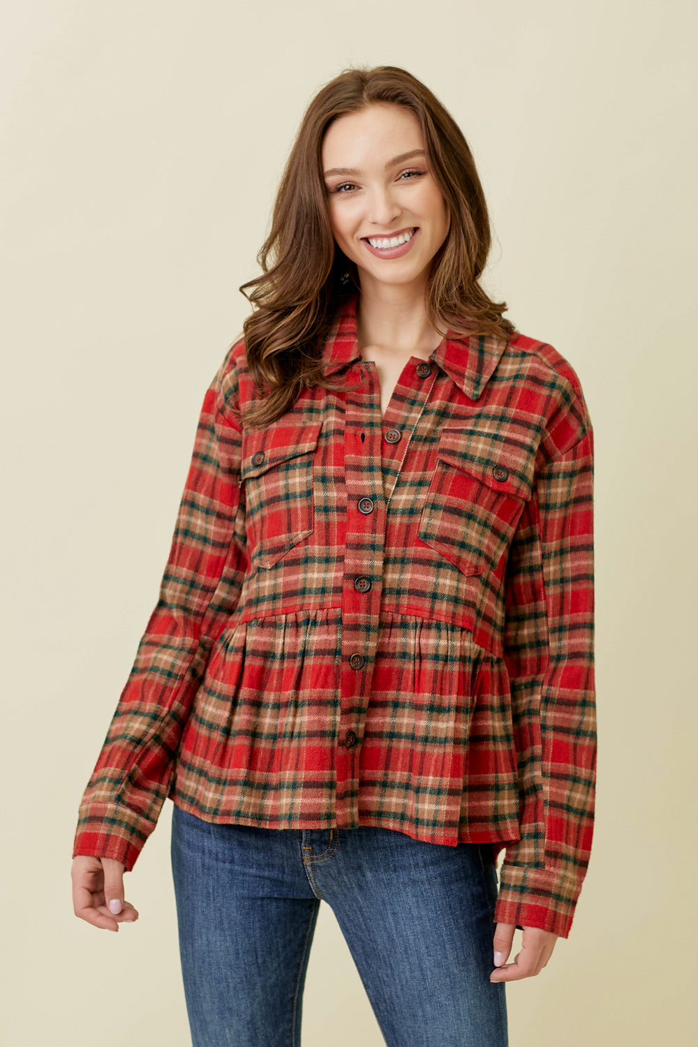 Peplum Plaid Trucker Jacket Red