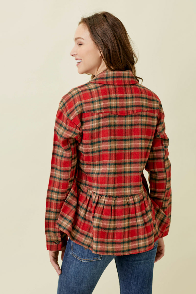 Peplum Plaid Trucker Jacket