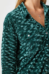 Ribbed Pattern Front Pocket Velvet Shirt Teal