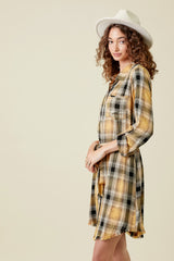 Washed Plaid Belted Midi Shirt Dress Mustard