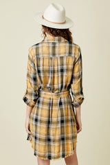 Washed Plaid Belted Midi Shirt Dress Mustard