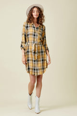 Washed Plaid Belted Midi Shirt Dress Mustard