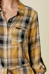 Washed Plaid Belted Midi Shirt Dress Mustard