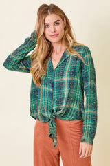 Washed Plaid Tied Front Collared Shirt Green