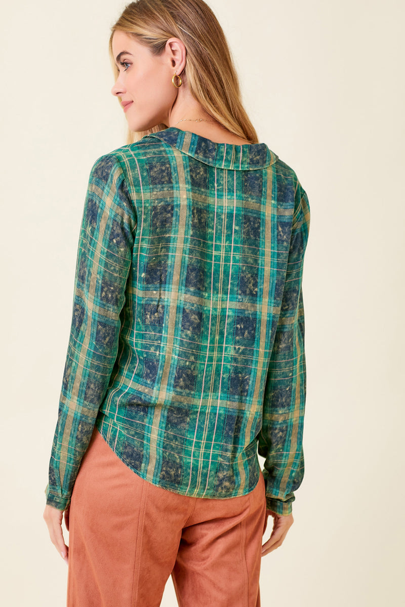 Washed Plaid Tied Front Collared Shirt Green