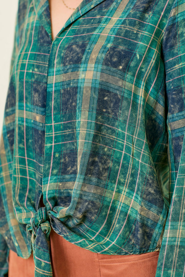 Washed Plaid Tied Front Collared Shirt Green