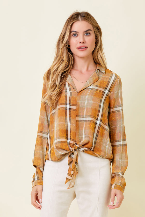 Washed Plaid Tied Front Collared Shirt Pumpkin