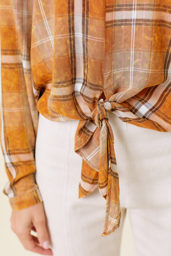 Washed Plaid Tied Front Collared Shirt Pumpkin