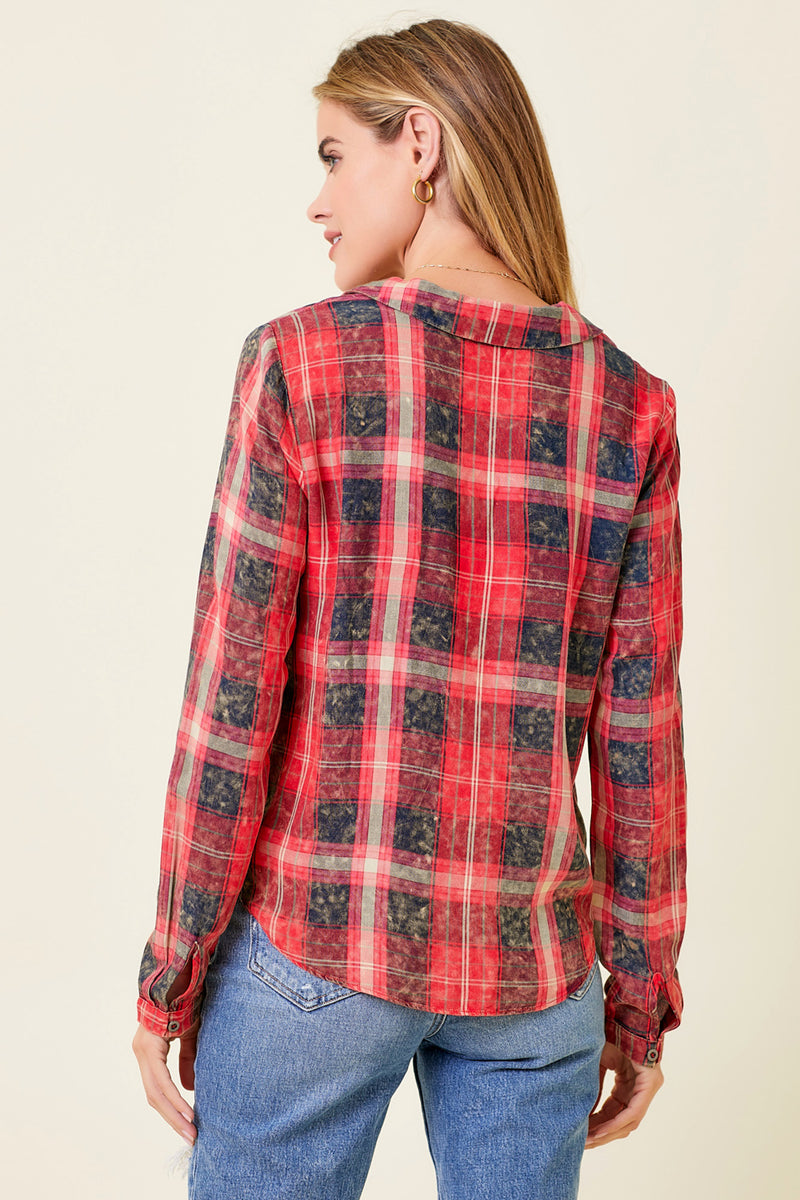 Washed Plaid Tied Front Collared Shirt Red