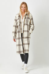 Two Fer Hoodie Plaid Long Jacket Cream